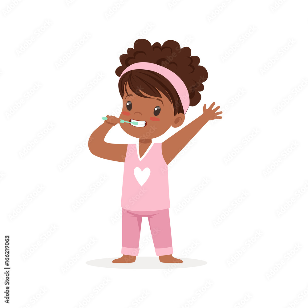 Adorable black cartoon girl in a pink pajamas brushing her teeth, kids  dental care vector Illustration Stock Vector | Adobe Stock