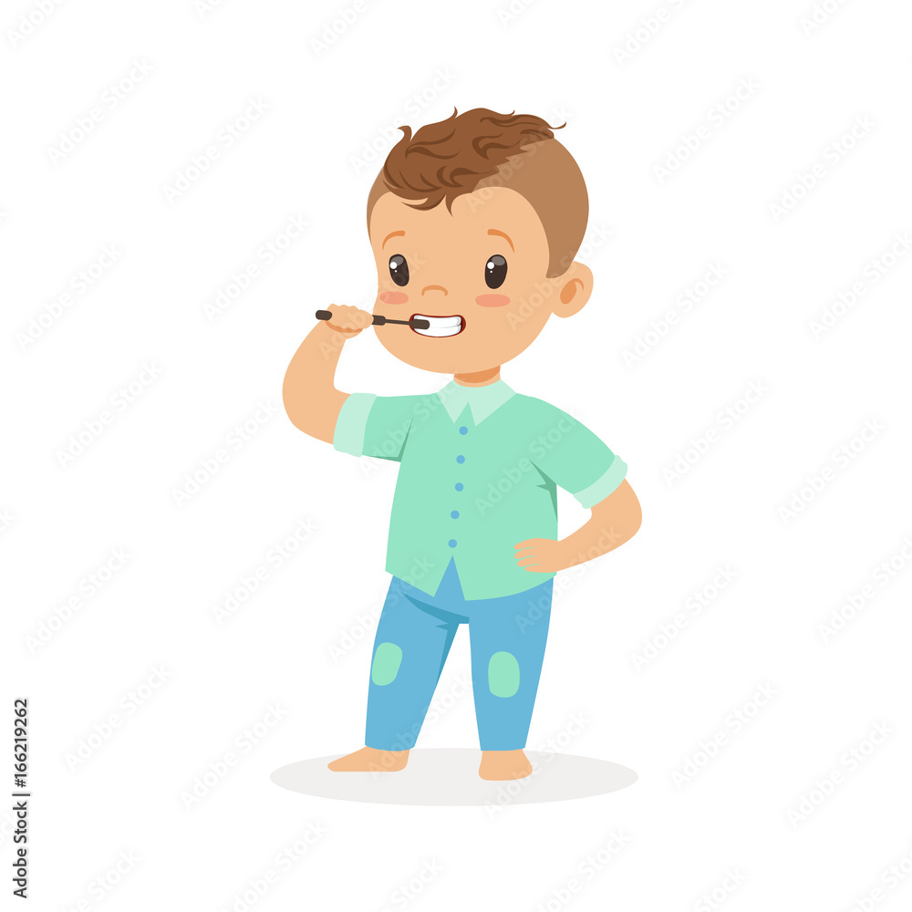 Cute cartoon boy brushing his teeth, kids dental care vector Illustration Cute cartoon boy brushing his teeth, kids dental care vector Illustration