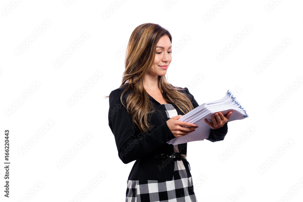 Office woman in glasses with a stack of documents isolated on a white background Office woman in glasses with a stack of documents isolated on a white background