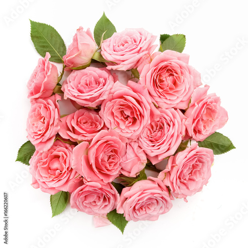 Background image of pink roses. Flat lay, top view