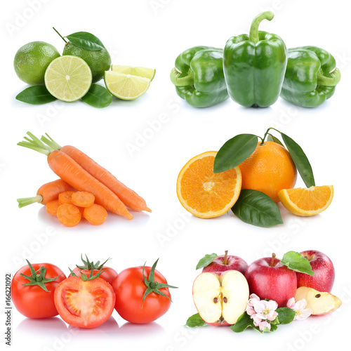 Obst und Gemüse Früchte Apfel Tomaten Orangen Möhren Farben Collage Freisteller freigestellt isoliert