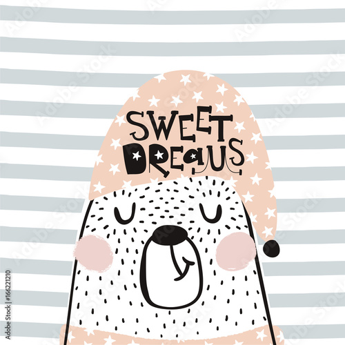 Cute cartoon sleeping bear in scandinavian style. Childish print for nursery, kids apparel,poster, postcard. Vector Illustration