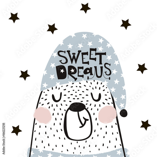 Cute cartoon sleeping bear in scandinavian style. Childish print for nursery, kids apparel,poster, postcard. Vector Illustration