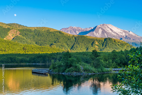 Twilight over beautiful blue lake in the mountains. Birth of a Lake Trail. Mount St Helens National Park, South Cascades in Washington State, USA