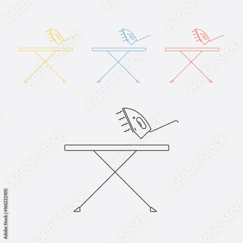 Ironing board and iron. Line icon.