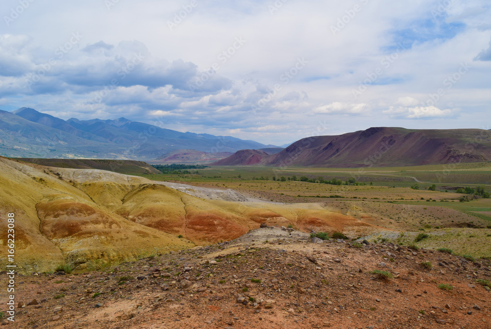 View of multicolor hills of Altai mountains. Altay Republic, Russia.