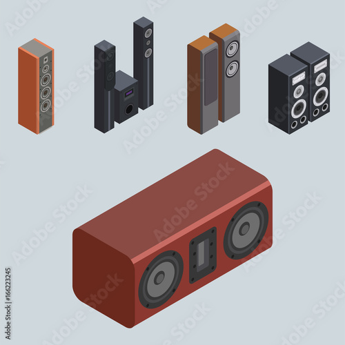 Home isometric sound system stereo acoustic 3d vector music loudspeakers player subwoofer equipment technology.