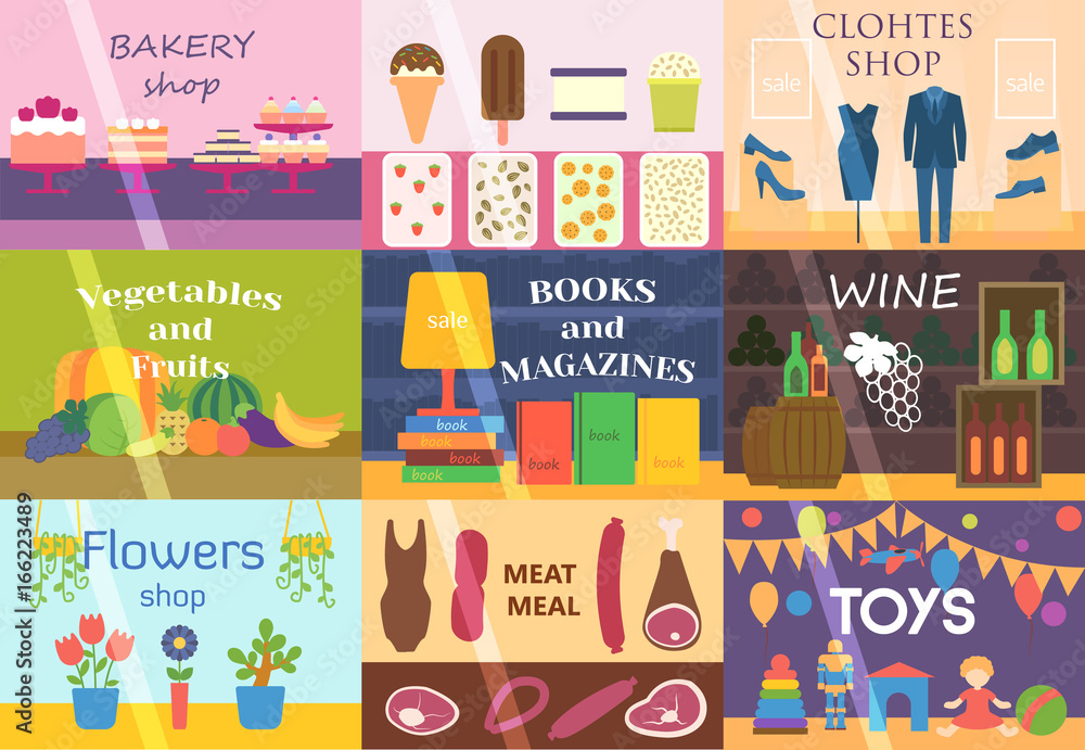 Shop facade vector illustration set flat design restaurants and shops ...