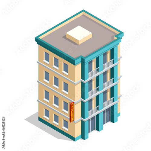 Isometric hotel building place isolated icon vector illustration design