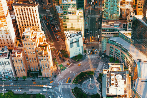 Aerial view of Columbus Circle in New York City at sunset