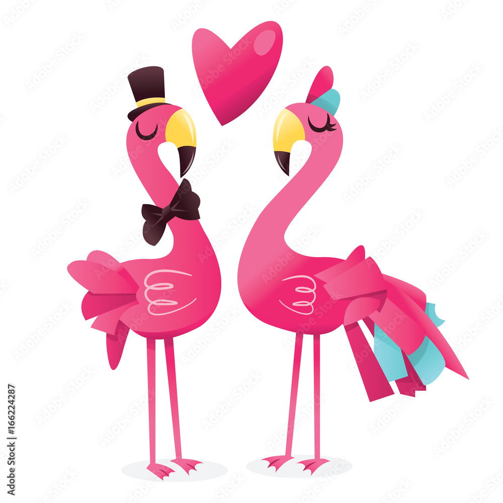 Cartoon Pink Flamingos In Love