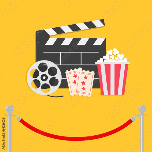 Red rope barrier stanchions turnstile facecontrol Movie reel Open clapper board Popcorn box Ticket Admit one. Three star. Cinema icon set. Flat design style. Yellow background.