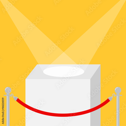 Square stage podium illuminated by spotlights. Empty pedestal for display. 3d realistic platform for design. Red rope barrier stanchions turnstile facecontrol Yellow background Template. Flat design