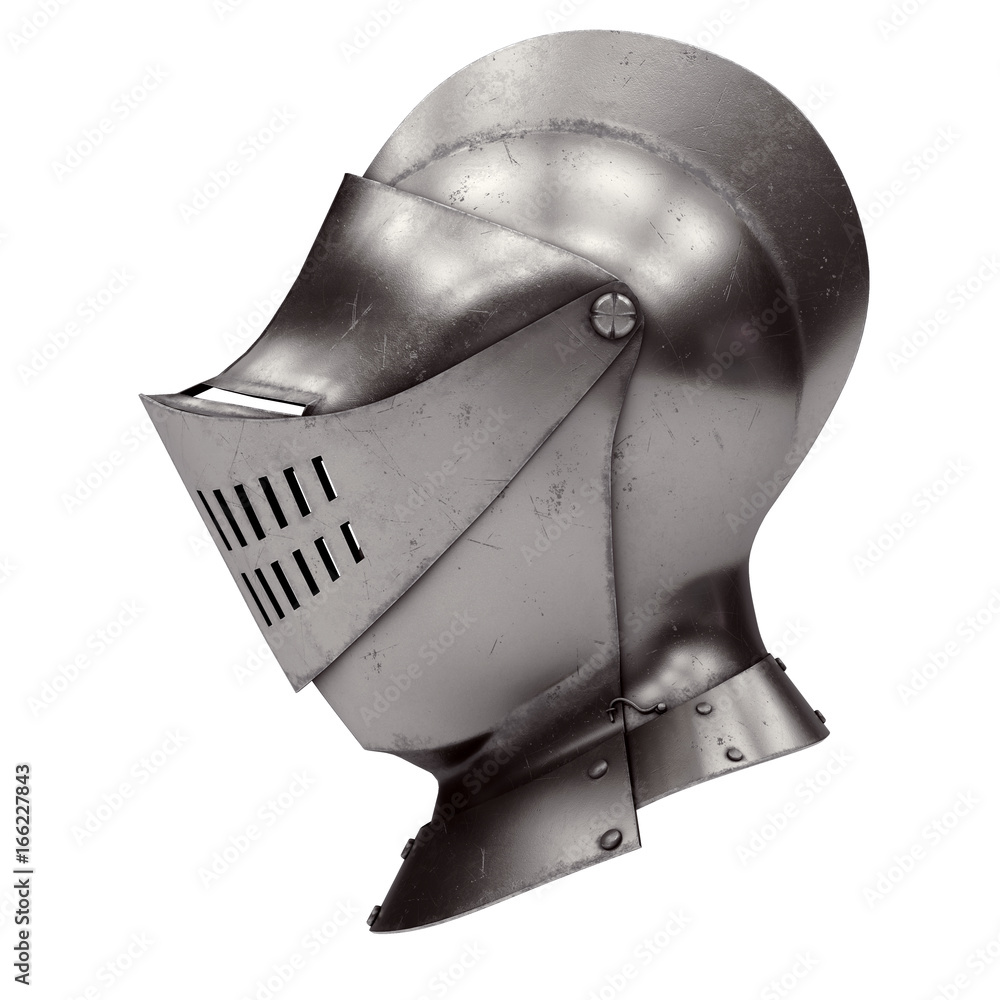 Medieval Knight Armet Helmet with visor. Side view. Used for