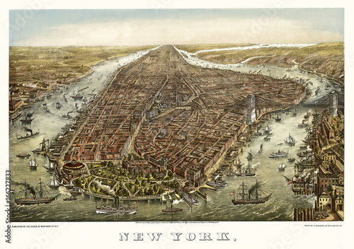 New York old aerial view. By Geroge Schlegel. Publ. Geo. Degen, New York, 1873