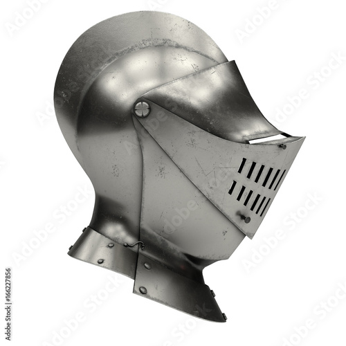 Medieval Knight Armet Helmet with visor. Side view. Used for tournaments or battlefields. 3D render Illustration Isolated on white background.