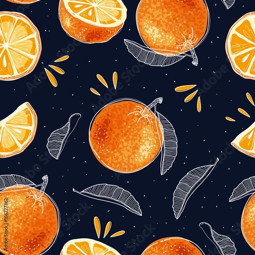 Seamless pattern of hand drawn oranges and slices in sketch style. Vector illustration