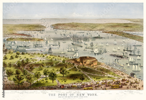 New York old bird-eye view of the port from the battery. By Parsons and Atwater, publ. Currier & Ives, New York, 1872
