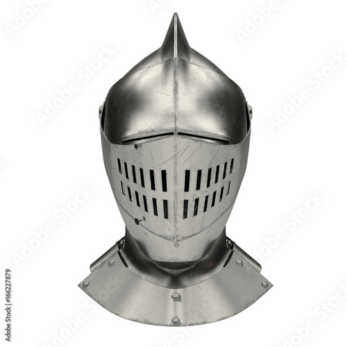 Medieval Knight Armet Helmet with visor. Front view. Used for tournaments or battlefields. 3D render Illustration Isolated on white background.