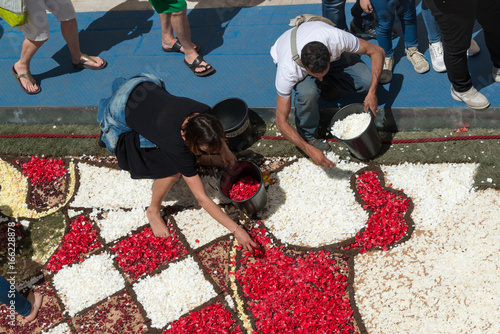Tablou pe pânză Zur Infiorata wird in Noto eine Strasse mit Blütenblättern geschmückt
