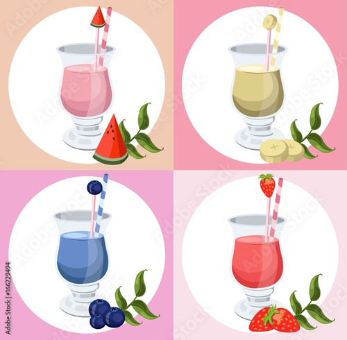 Summer cocktail fruits set vector. Fresh drink retro style background