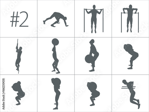 Vector silhouettes of people doing fitness and crossfit workouts