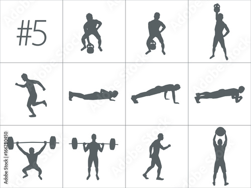 Vector silhouettes of people doing fitness and crossfit workouts
