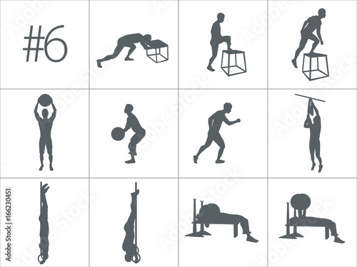 Vector silhouettes of people doing fitness and crossfit workouts