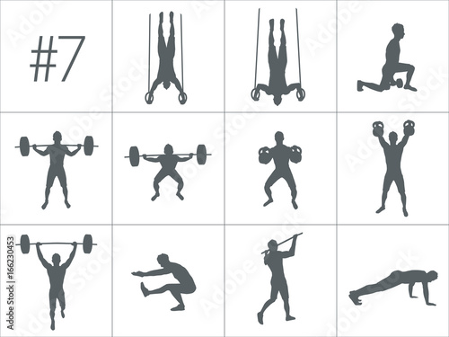 Vector silhouettes of people doing fitness and crossfit workouts