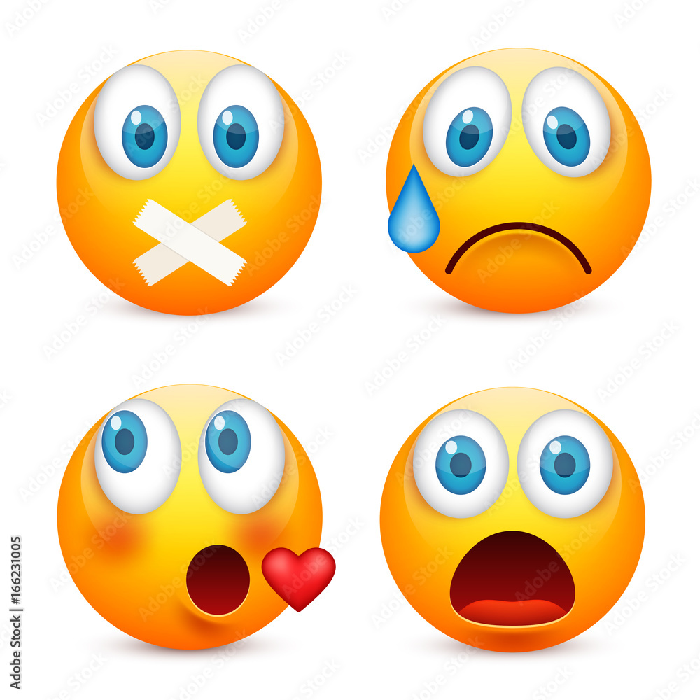 Smiley with blue eyes,emoticon set. Yellow face with emotions. Facial expression. 3d realistic emoji. Sad,happy,angry faces.Funny cartoon character.Mood.Vector illustration. Smiley with blue eyes,emoticon set. Yellow face with emotions. Facial expression. 3d realistic emoji. Sad,happy,angry faces.Funny cartoon character.Mood.Vector illustration.