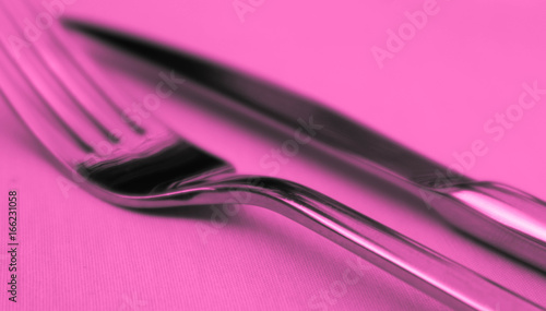 Elegant shiny fork and knife. Luxury restaurant cutlery set on the tablecloth. © Alice Fox