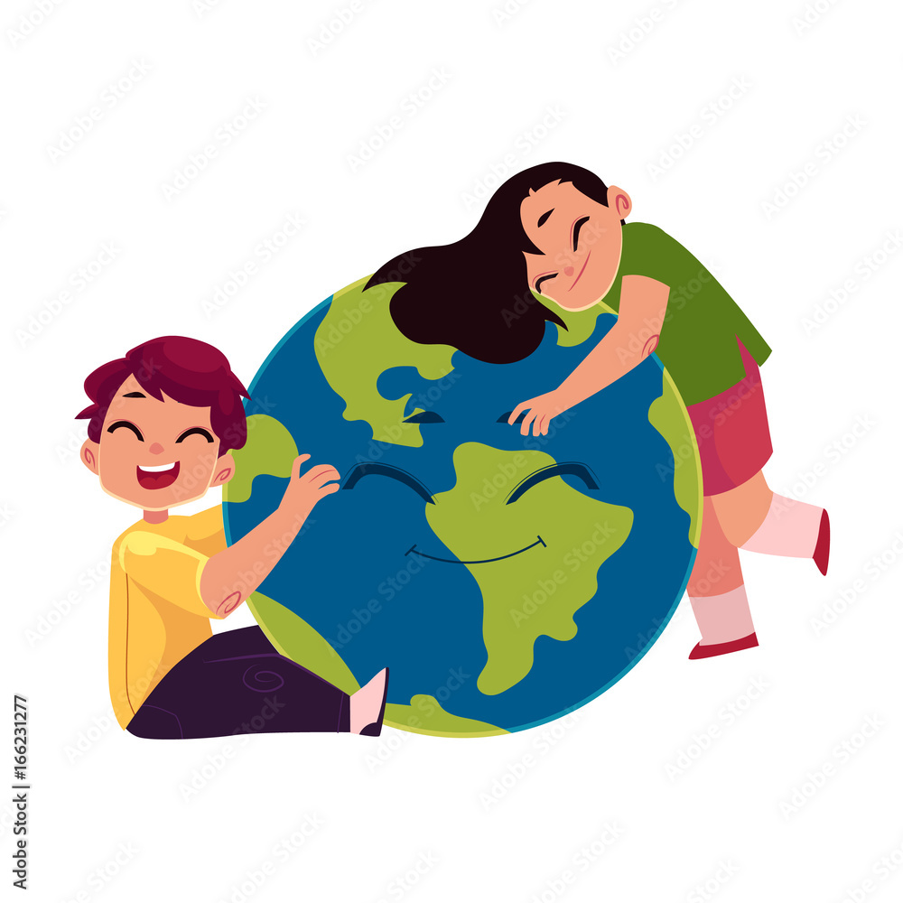 Kids, boy and girl, hugging smiling Globe, Earth planet character, cartoon  vector illustration isolated on white background. Kids, children and the  Globe, Save the Earth, Earth day concept Stock Vector | Adobe