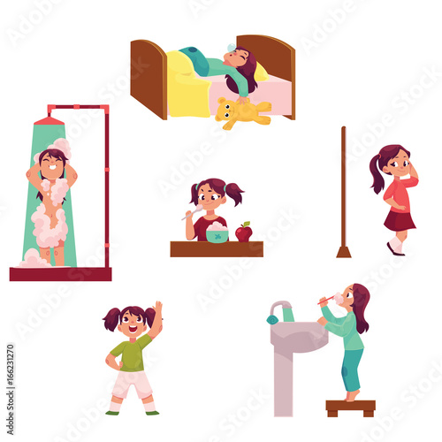 Daily morning routine, little girl sleeping, taking shower, eating, dressing, doing exercises, brushing teeth, cartoon vector illustration isolated on white background. Daily morning routine set