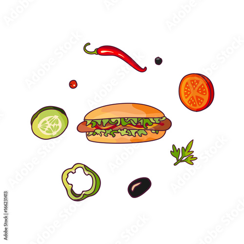 Vector flying ingredients hotdog set flat isolated illustration on a white background. Vegetables for pizza, sandwich, roll shawarma fastfood preparation. Chilli, tomato pepper olive cucumber cartoon
