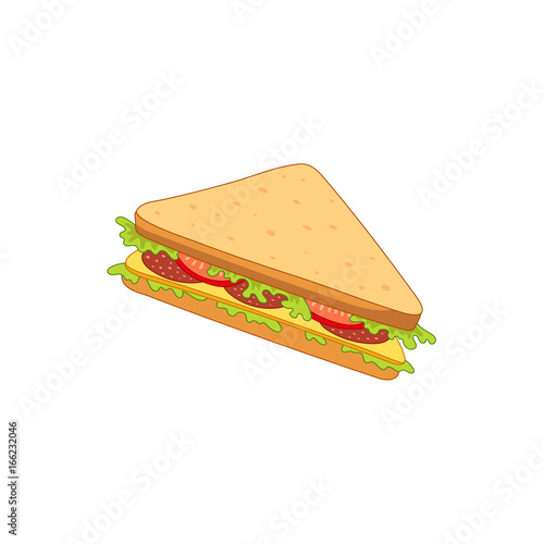 Vector sandwich with vegetables. Fast food flat cartoon isolated illustration on a white background. Triangular fresh sandwich with cheese, tomato and salad