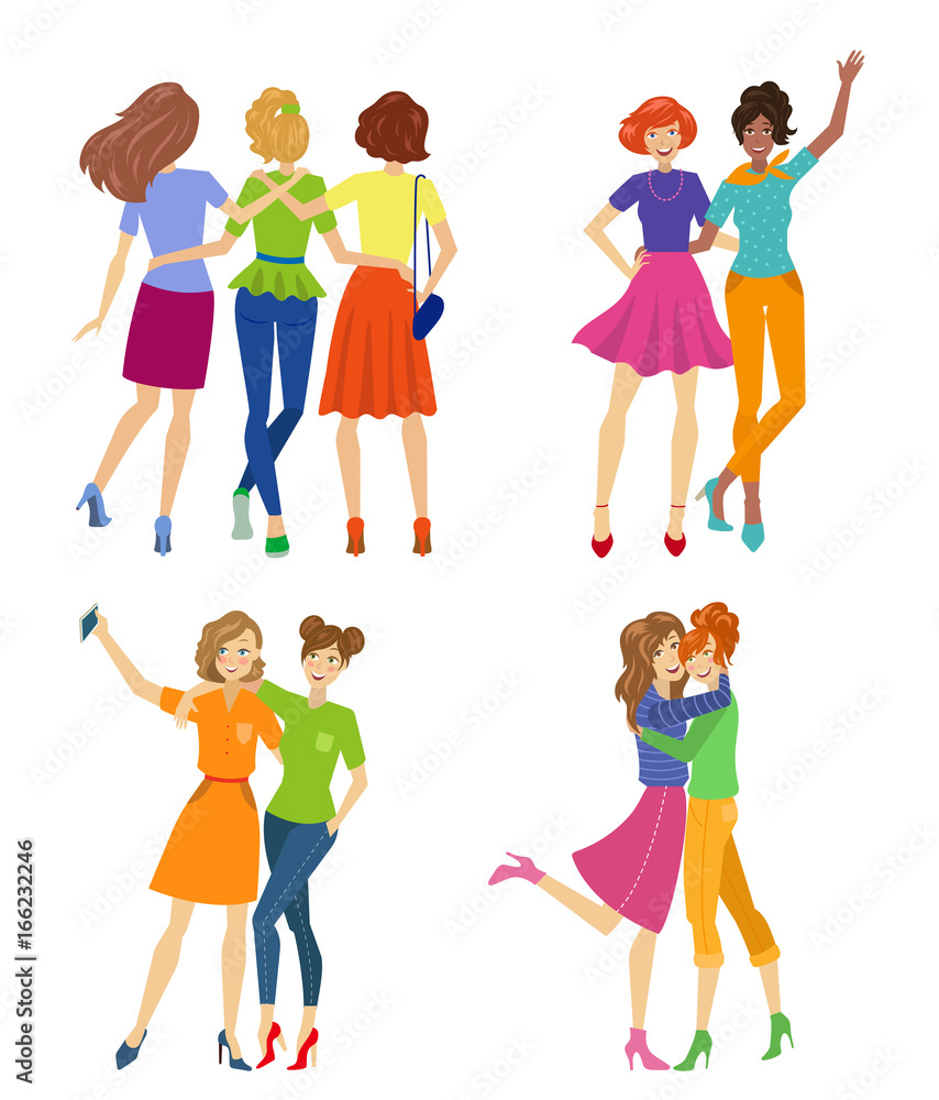 Female friendship, beautiful girls, friends hugging each other, making  selfie, having fun, cartoon vector illustration isolated on white  background. Set of girls, women, friends standing and hugging Stock Vector  | Adobe Stock