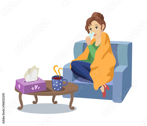 Vector illness concept, cartoon illustration isolated on a white background. Adult woman sitting in armchair in blanket in front of the table with hot tea and napkins suffering from cold, sneezing.