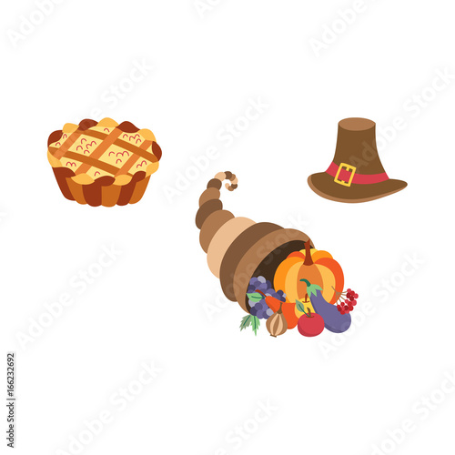 Vector set of thanksgiving pie, horn of plenty and pilgrim hat. Flat illustration isolated on a white background. Cartoon cornucopia, hat and cake. Sign of thanksgiving autumn harvest.