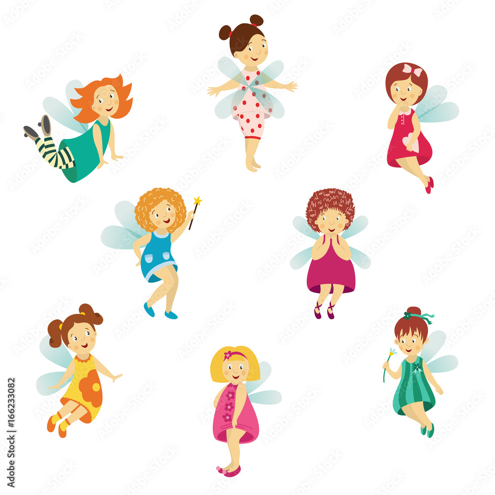 Vector fairy girl set illustration on white background. Cute cartoon smiling child with butterfly wings wearing queen crown isolated. Magic flying kid holding magic star wand. Element for your design Vector fairy girl set illustration on white background. Cute cartoon smiling child with butterfly wings wearing queen crown isolated. Magic flying kid holding magic star wand. Element for your design