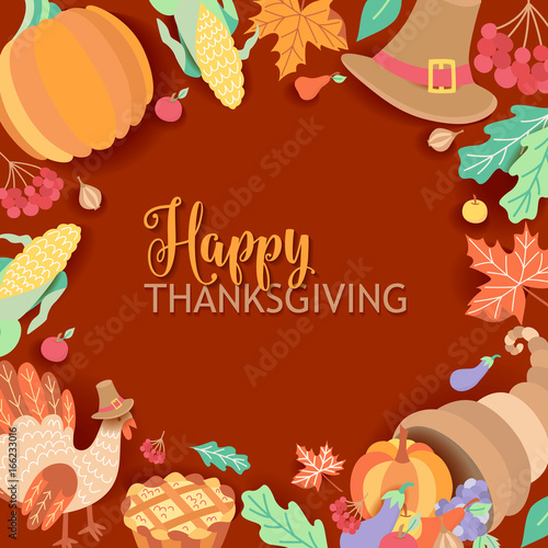 Square banner, frame with cartoon thanksgiving symbols - turkey, pumpkin pie, fruits, vegetables and round place for text, paper style vector illustration.
