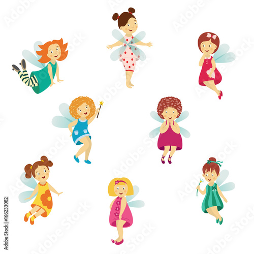 Vector fairy girl set illustration on white background. Cute cartoon smiling child with butterfly wings wearing queen crown isolated. Magic flying kid holding magic star wand. Element for your design