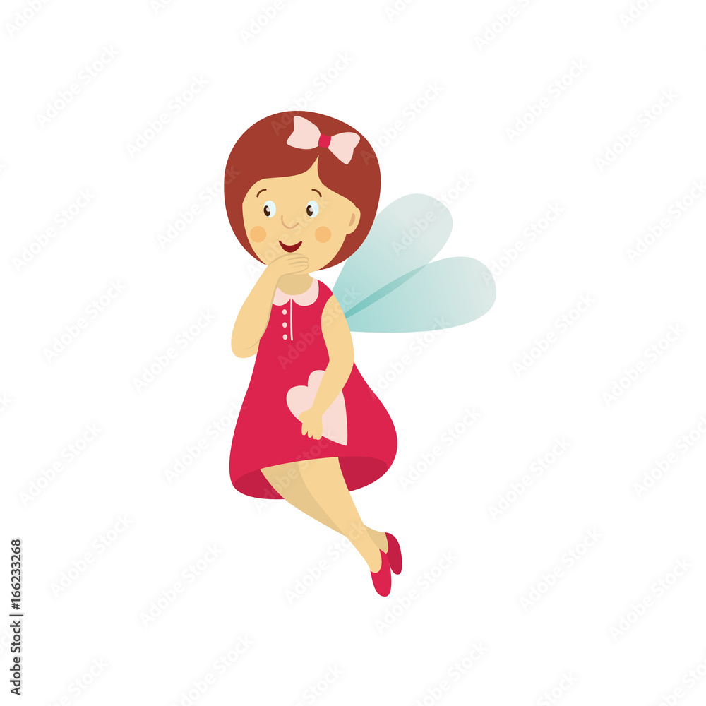 Vector fairy girl illustration on white background. Cute cartoon smiling child with butterfly wings in cute dress isolated. Magic flying kid holding magic heart. Element for your design