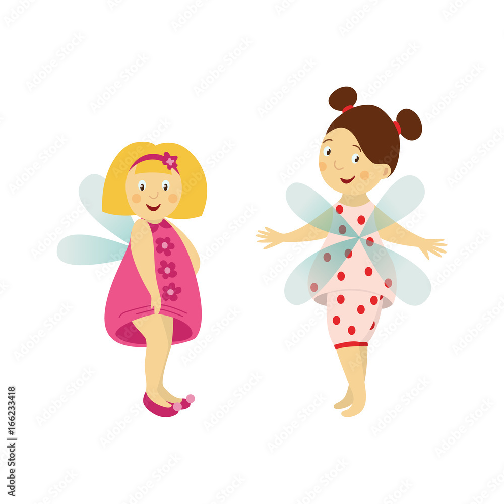 Vector fairy girl set illustration on white background. Cute cartoon smiling child with butterfly wings in cute dress isolated. Magic flying kid . Element for your design Vector fairy girl set illustration on white background. Cute cartoon smiling child with butterfly wings in cute dress isolated. Magic flying kid . Element for your design