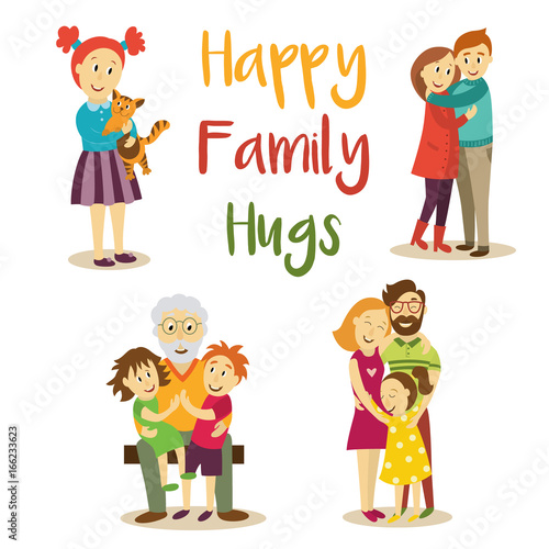Family members - parents hugging daughter, grandfather with grandchildren, little girl holding cat pet, loving couple, cartoon vector illustration on white background. Happy family members hugging
