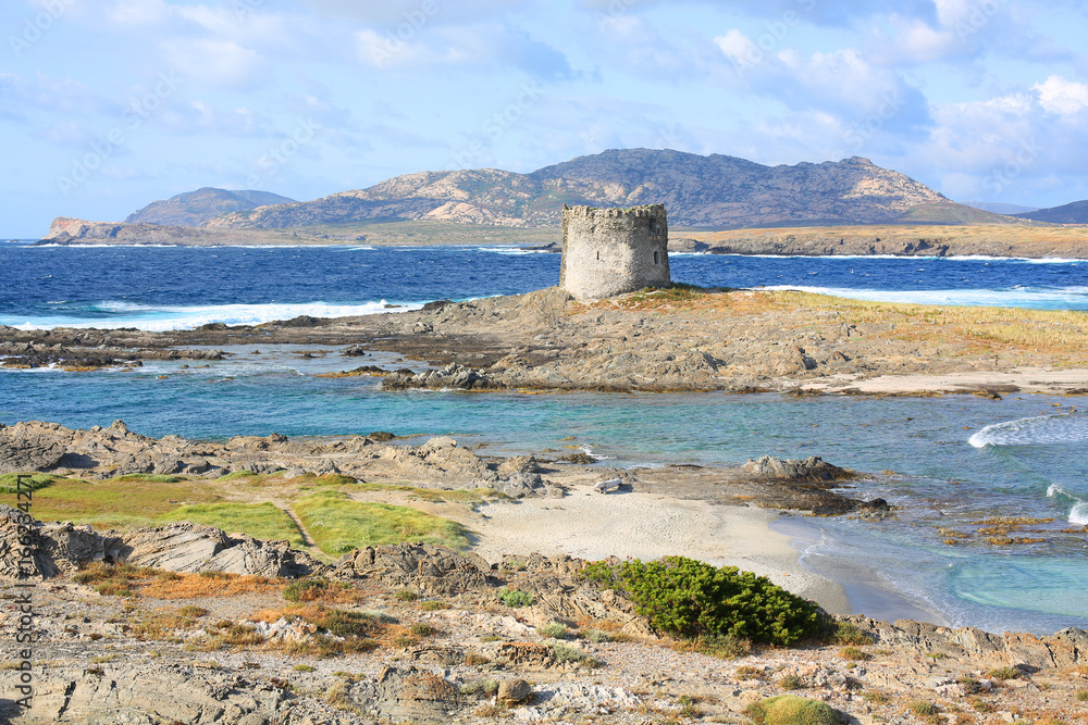 Medieval watch tower on the coast of Sardinia Island, Mediterranean Sea, Italy