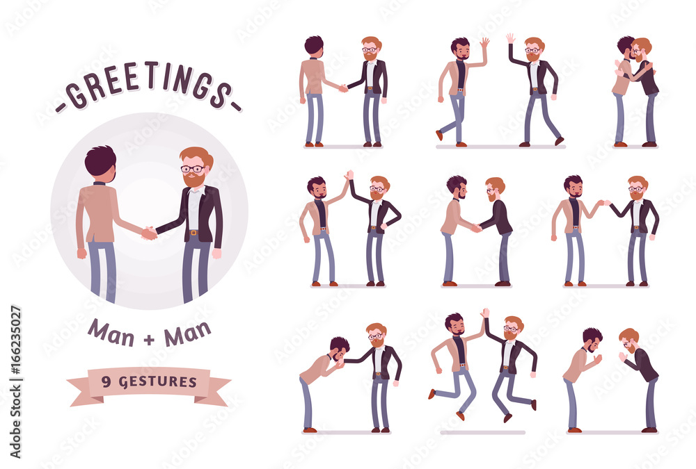 Businessmen in handshake character set, various poses and emotions