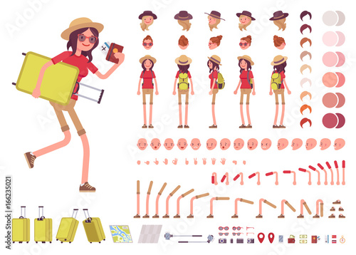 Tourist woman with luggage, wearing travel outfit. Character creation set