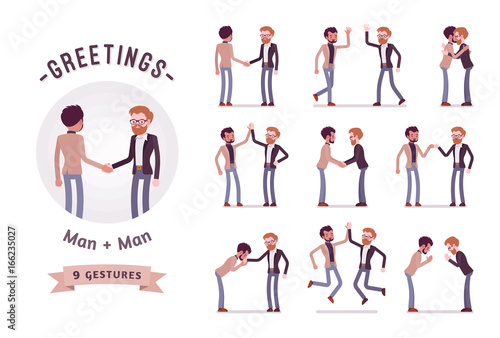 Businessmen in handshake character set, various poses and emotions