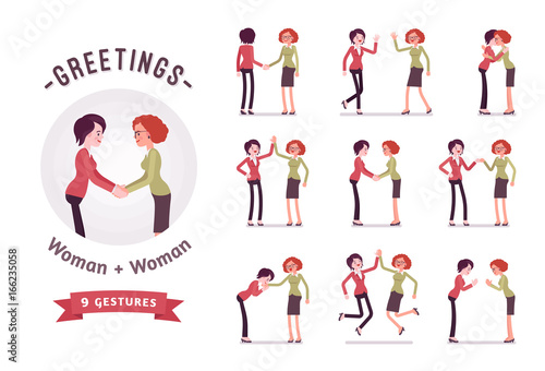 Businesswomen in handshake character set, various poses and emotions