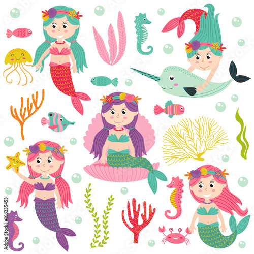 set of isolated mermaid with marine animals and plants -  vector illustration, eps